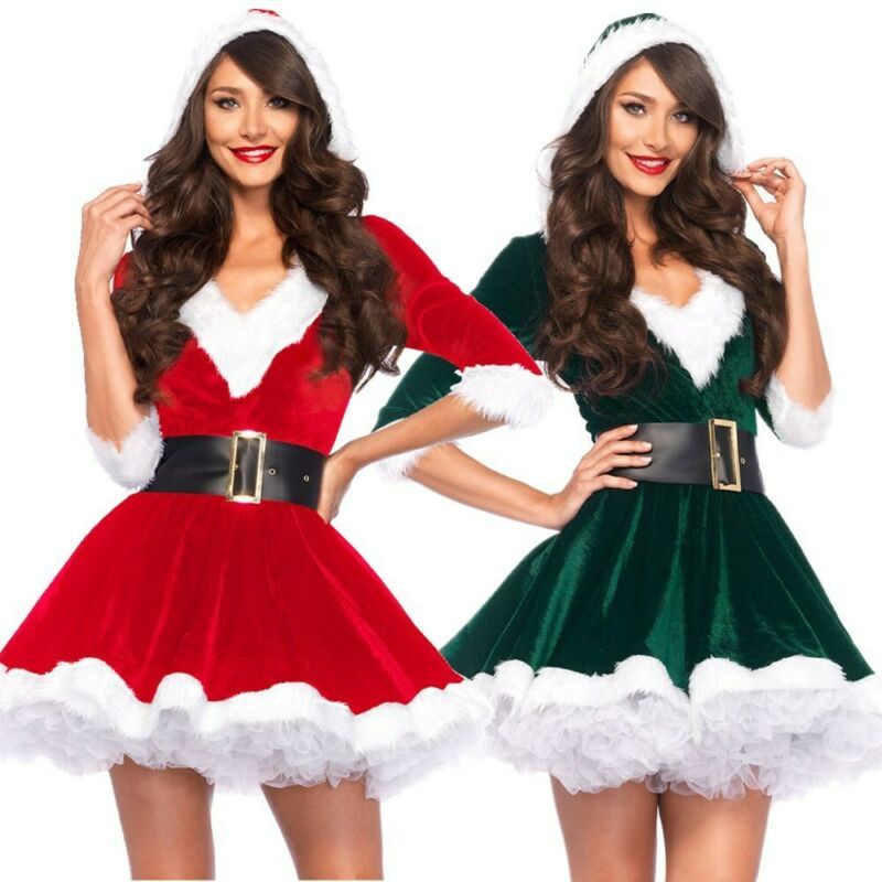 Women Christmas Dress Sexy Santa Claus Hoodie Cosplay Costumes Women Evening Party Clothes Winter Warm Dresses